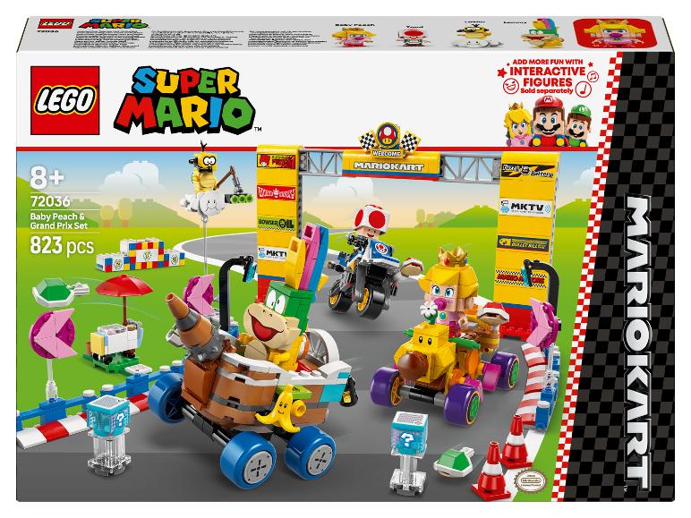 LEGO Super Mario Kart set met Baby Peach en Bowser Jr. in raceauto's.