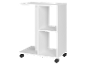 Witte bijzettafel met wielen en planken, ideaal voor kleine ruimtes.