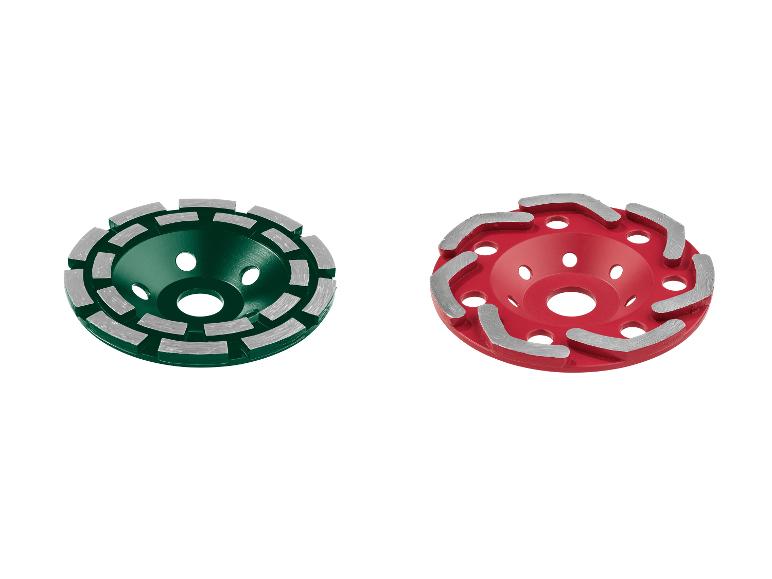 Twee diamantschijven voor schuren, een groene en een rode.