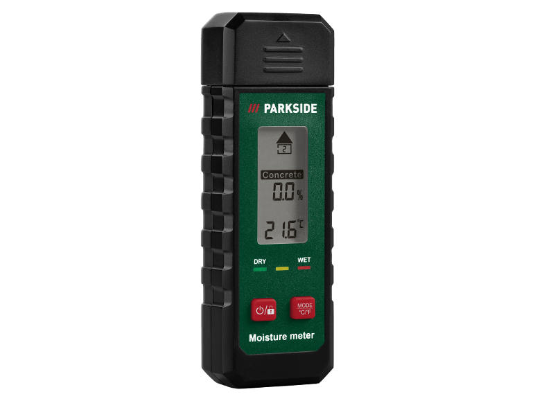 Digitale vochtmeter die 0,0% voor beton en 21,6°C weergeeft, met 'DRY' en 'WET' indicatoren.