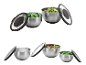 SILVERCREST® Premium roestvrijstalen mengkommenset met deksels, gevuld met salade en erwten.