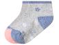 Grijze babysokken met blauwe en roze bloemen, roze teen en blauwe hiel.