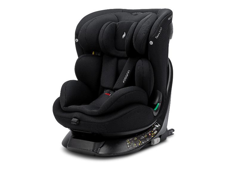 Zwart kinderautostoeltje met veiligheidsharnas en draaibare basis, model Taos 360