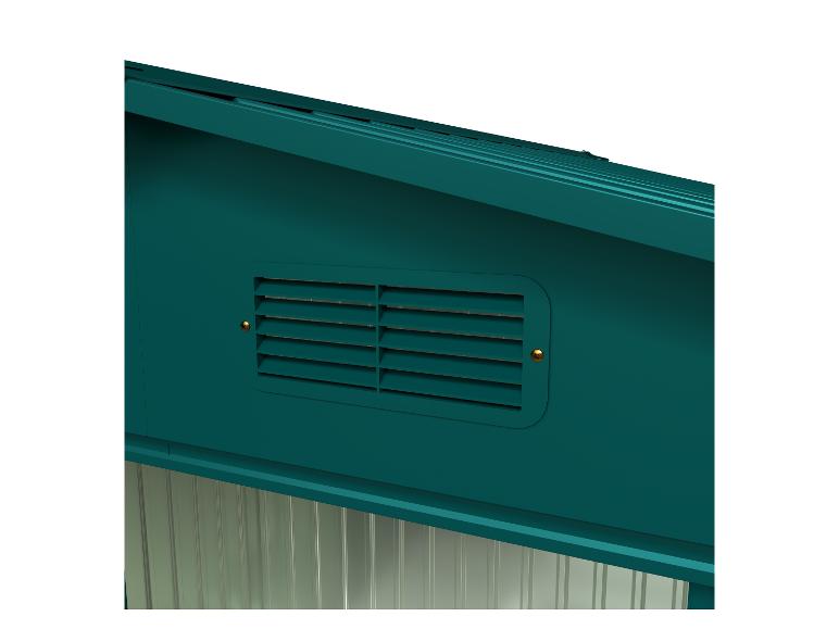 Groen schuurdak met ventilatie en metalen wanden.