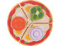Houten speelgoedpizza met tomaat, paprika en ui