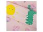 Roze beddengoed met varkens, dinosaurussen en zonprints.