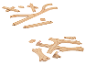 Houten speelgoedtreinrailsset met diverse secties en wissels.