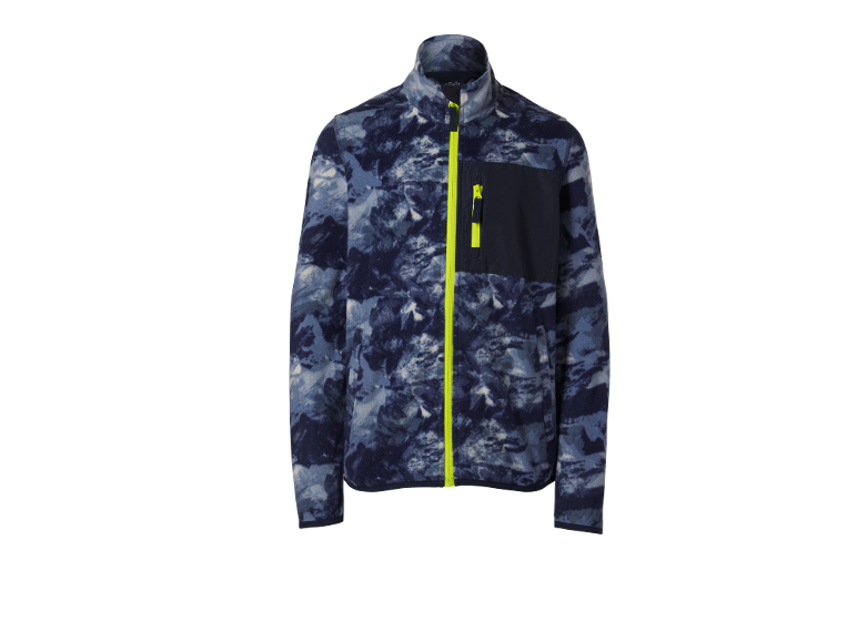 Fleecejack met blauw camouflagepatroon, rits en neongroene borstzak.