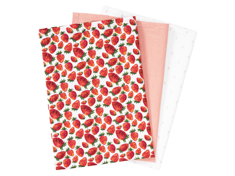 Drie theedoeken met aardbeienprint