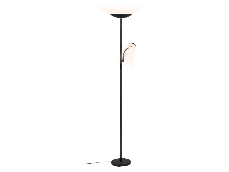 Zwarte vloerlamp met hoofdlicht en een flexibele leeslamp.