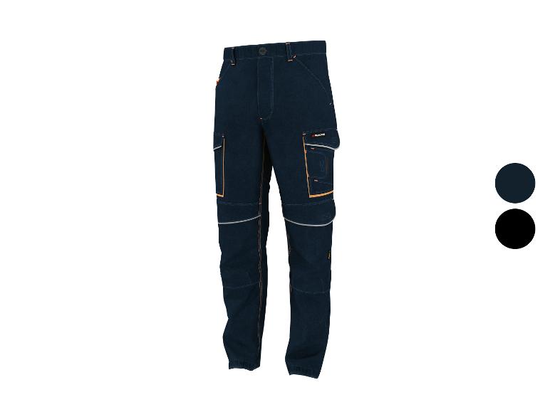 Parkside werkbroek van donker denim met oranje details en reflectoren.