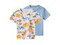 Twee kinder T-shirts: één met dinosaurussen, de andere lichtblauw.