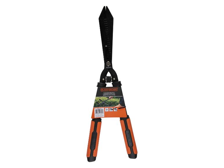 Tuinschaar met gekarteld blad voor heggen, met oranje handvatten.