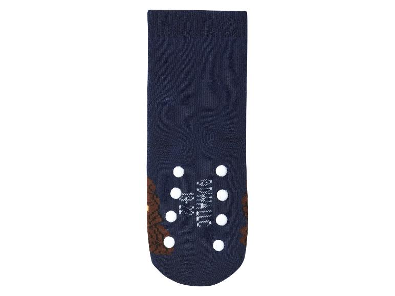 Donkerblauwe kindersok met antislipnoppen en het woord 'SMALL'.