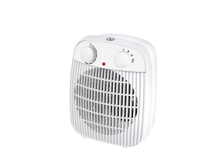 Witte draagbare ruimteverwarmer met twee draaiknoppen en een rood indicatielampje.