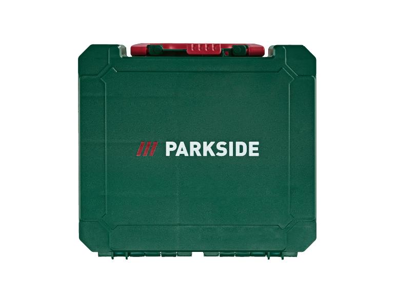 Groene Parkside gereedschapskist met rode sluiting.