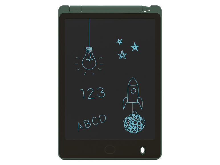 Een digitaal LCD-bord met tekeningen van een gloeilamp, een raket en sterren.