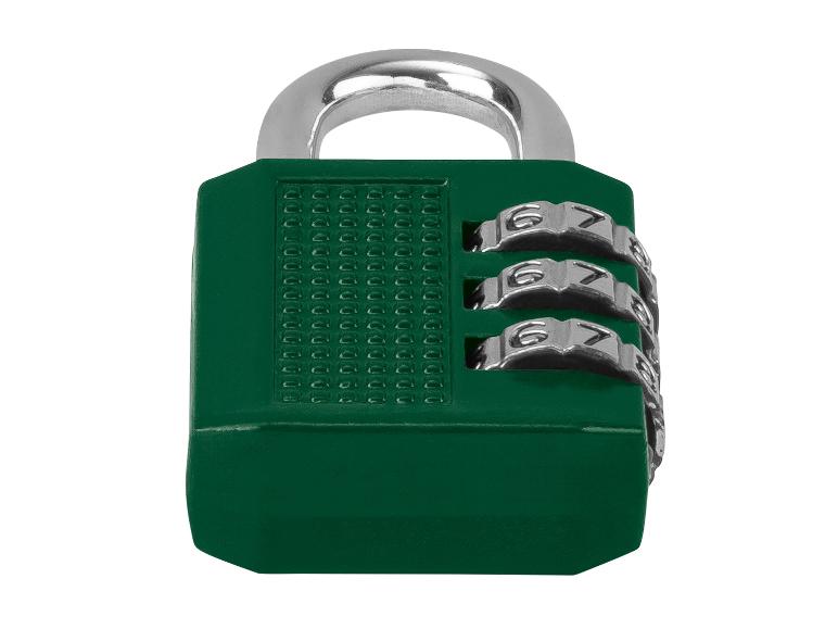 Groen combinatieslot met drie cijferwielen en metalen beugel.