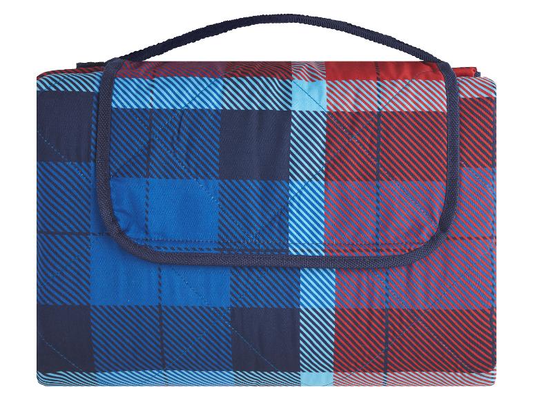 Blauw-rode geruite picknickdeken met handvat.