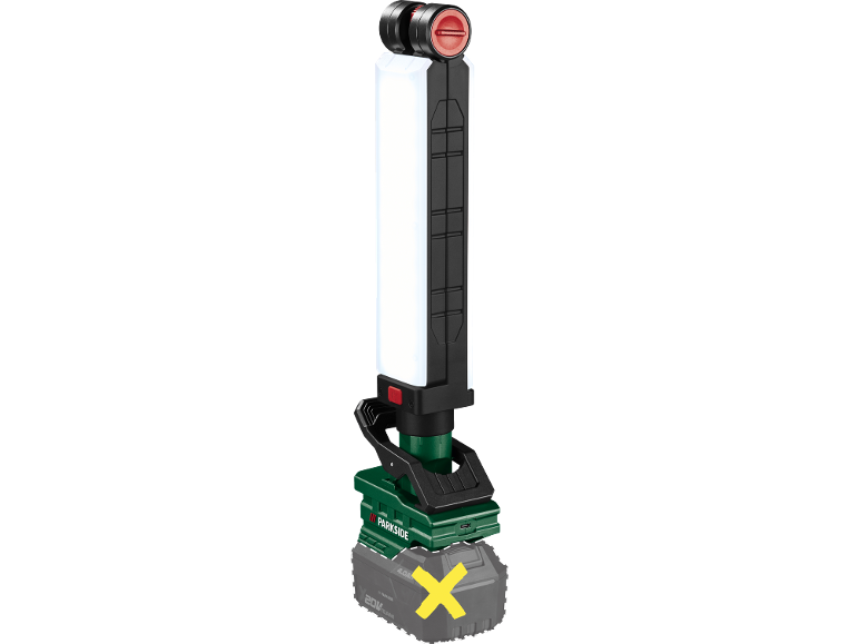 Draadloze LED-werklamp met verwijderbare batterij (gemarkeerd met een X).
