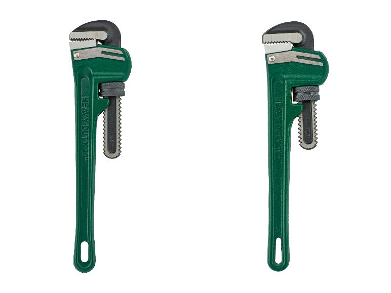 Twee groene pijptangen met de tekst 'HEAVY DUTY 14' en 'HEAVY DUTY 10'.