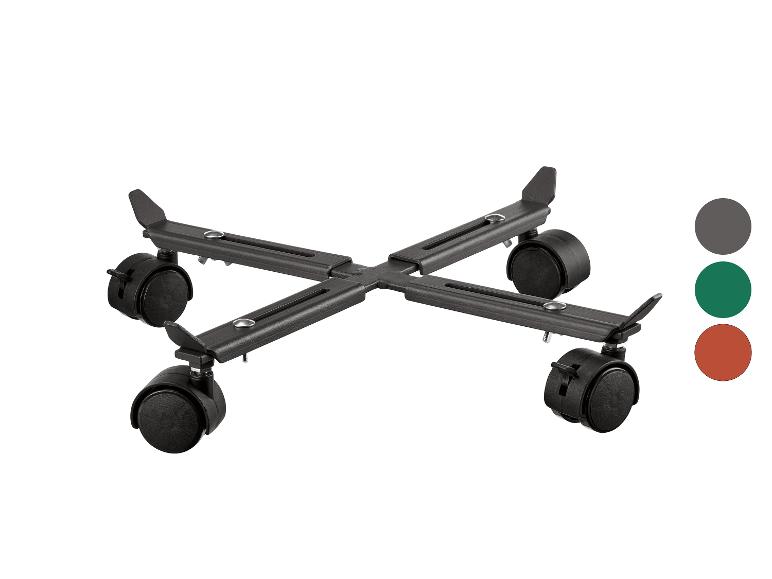 Zwart verstelbaar rollend onderstel met vier wielen en kleurstalen.
