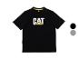 Zwart T-shirt met korte mouwen, met een groot wit en geel logo op de borst.