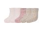 Vijf paar geribbelde sokken in pastelkleuren roze en beige.