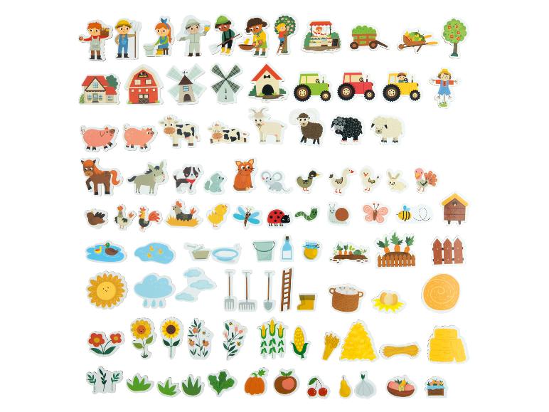 Een set magnetische afbeeldingen met boerderijdieren, boerderijvoorwerpen en eten.