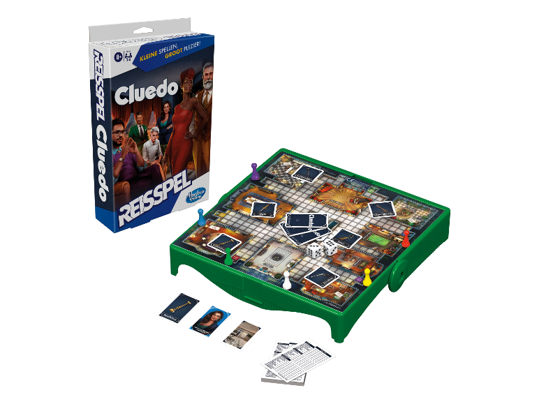 Cluedo bordspel van Hasbro: bord, kaarten en pionnen.