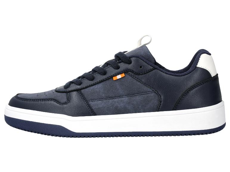 Donkerblauwe herensneaker met witte zool en oranje detail