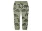 Groene kinderjoggingbroek met diverse dinosauruspatronen, elastische tailleband en boorden.