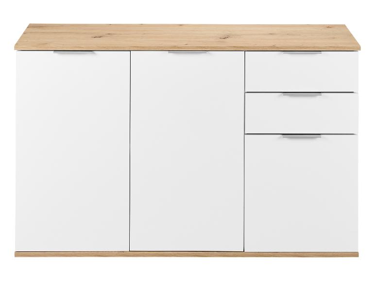 Wit dressoir met drie deuren en drie laden, met houtlook bovenblad en onderstel.