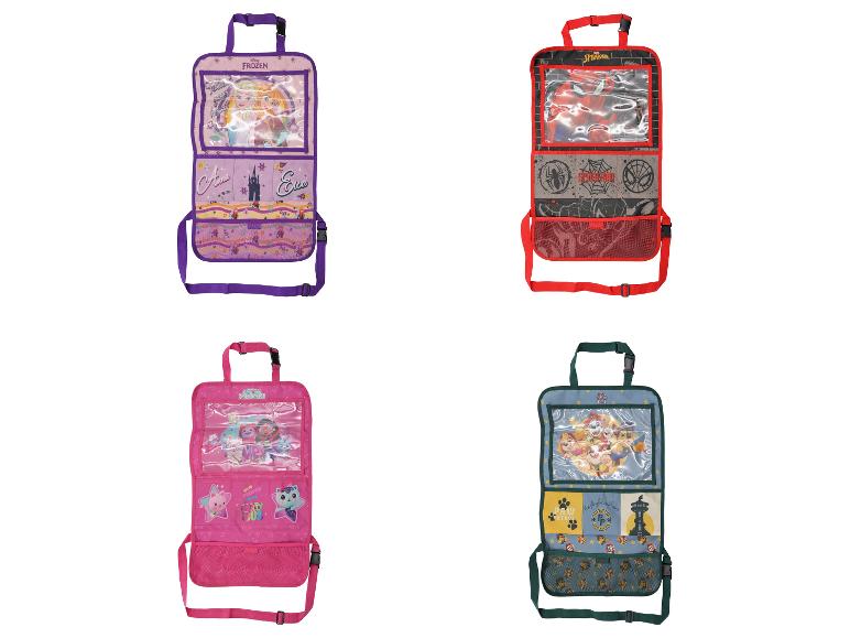 Vier autostoelorganizers: Frozen, Spider-Man, Gabby's Dollhouse en Paw Patrol thema's.