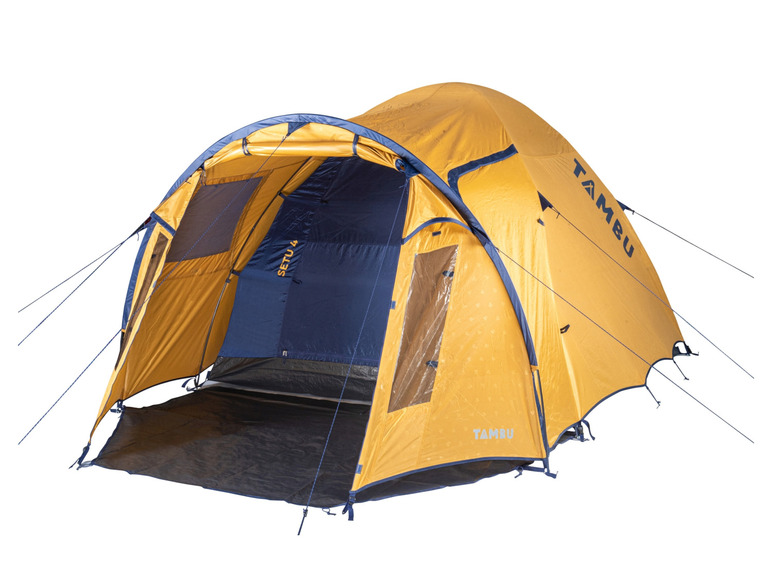 Gele campingtent van Tambu met blauwe accenten