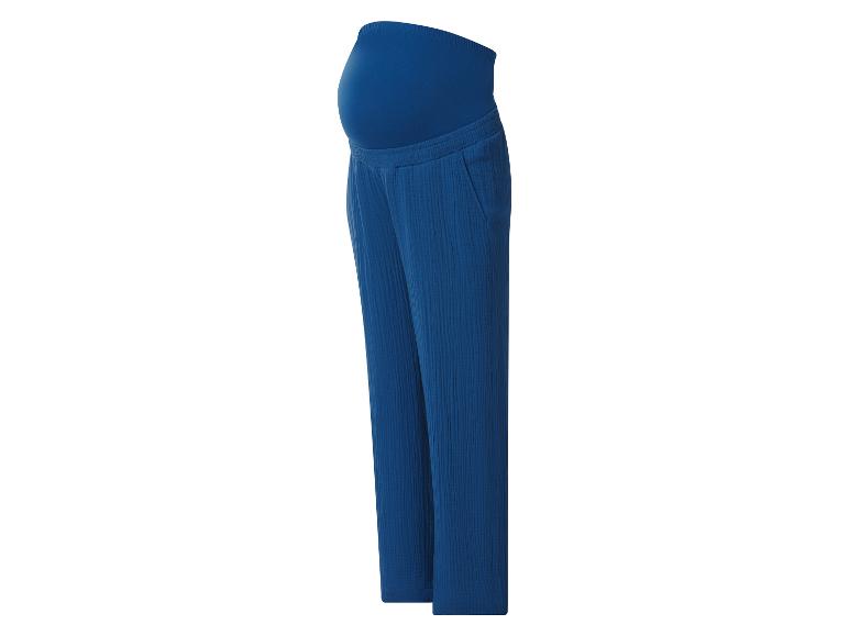 Blauwe zwangerschapsbroek met hoge taille en gekreukelde textuur.