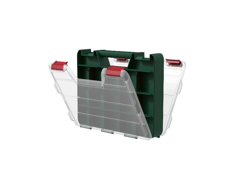 Open groene en transparante plastic opbergdoos met rode sluitingen