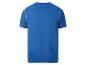 Blauw sportshirt met korte mouwen en witte strepen op de schouders, achteraanzicht.