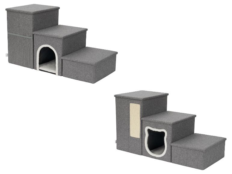 Grijze drietraps huisdierentrap met een hol en een krabgedeelte.