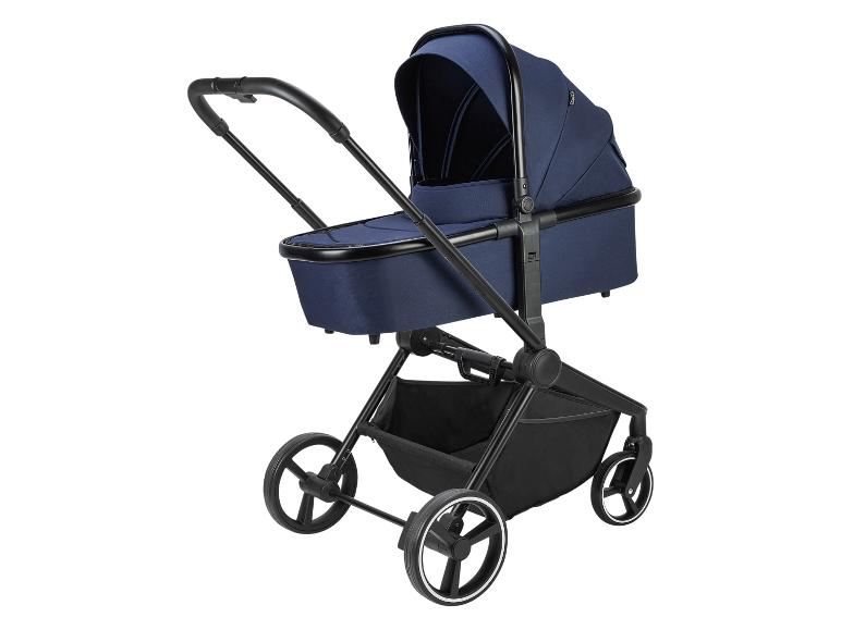Een donkerblauwe kinderwagen met een zwarte beugel en wielen.