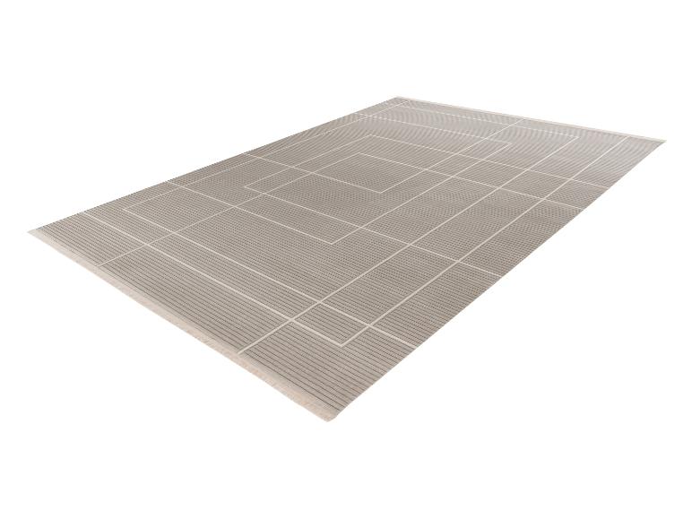 Lichtgrijs rechthoekig vloerkleed met een geometrisch patroon van strepen en vierkanten