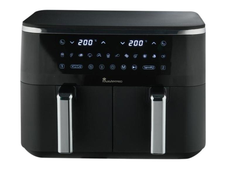Zwarte dubbele airfryer met digitaal display, waarop 200°C wordt weergegeven.