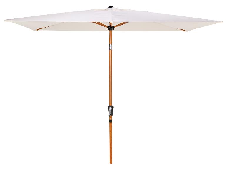 Witte parasol met houten paal en draaimechanisme