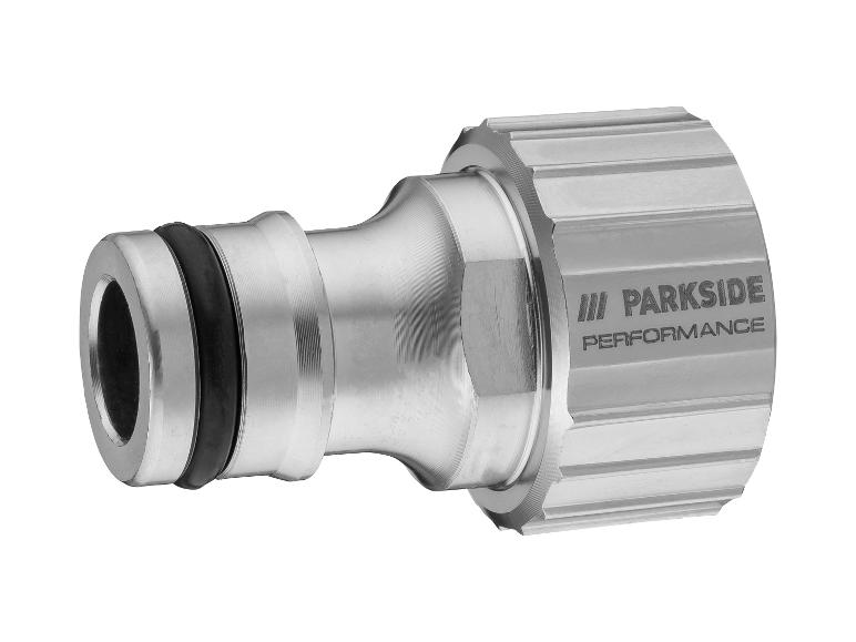 Zilverkleurige metalen slangkoppeling van Parkside Performance met zwarte afdichting.