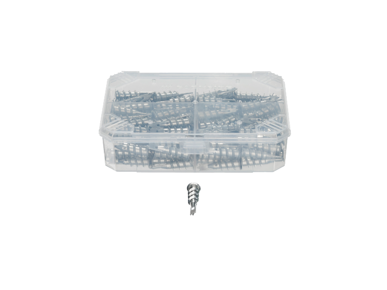 Doos met metalen schroeven en één schroef apart.