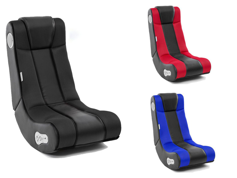 Zwarte, rode en blauwe gamingstoelen met ingebouwde speakers.