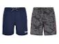 Twee heren zwemshorts: één marineblauw, één grijs met abstract patroon
