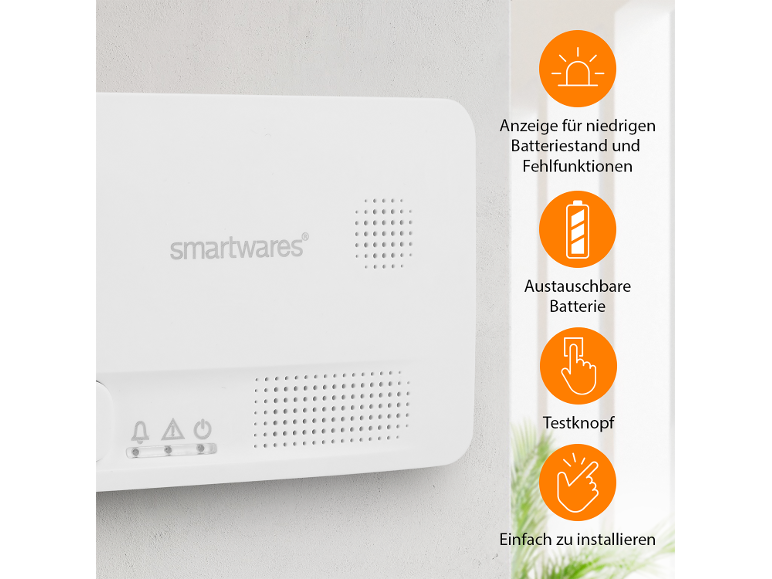 Witte rookmelder met LED-indicatoren en tekst over functies: lage batterij, vervangbare batterij, testknop, eenvoudige installatie.