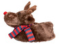 Rood-neus rendier pantoffels met blauw-rode strepen.