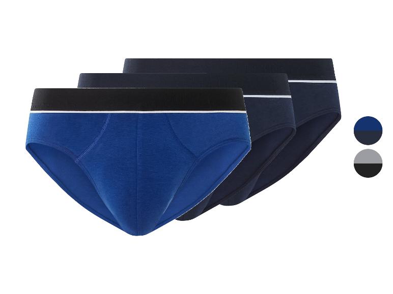 Set van drie herenslips in blauw en donkerblauw met een zwarte tailleband.